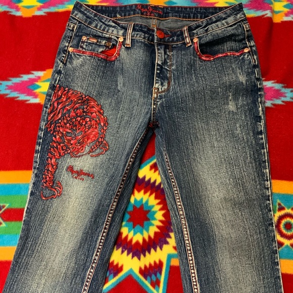 Vintage Pepe Jeans London CLAWED CREATURE Acid Washed Jeans 31/31 HIP HOP RAP - Picture 13 of 13